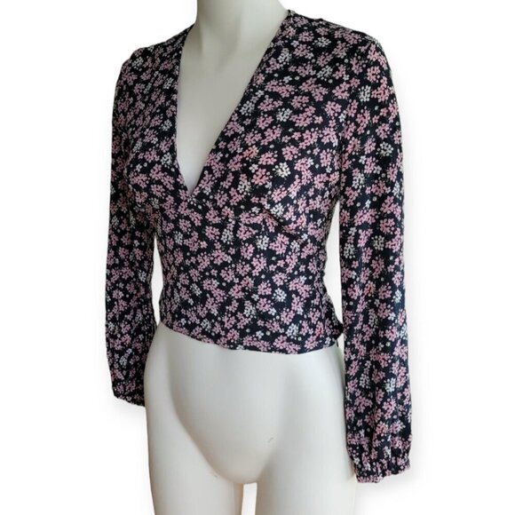 INTERMIX 100% Silk Floral Blouse Black V-Neck P/S - Picture 7 of 14